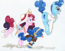 Size: 3228x2528 | Tagged: safe, artist:frozensoulpony, derpibooru import, oc, oc:blueberry sound, oc:lavender essence, oc:sugarplum, unofficial characters only, clothes, offspring, parent:party favor, parent:pinkie pie, parents:partypie, pronking, tongue out