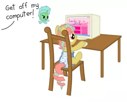 Size: 1000x800 | Tagged: artist:datspaniard, chair, computer, derpibooru import, diaper, foal, oc, oc:deep injection, oc:wooden plow, offscreen character, safe, sitting, table, unofficial characters only