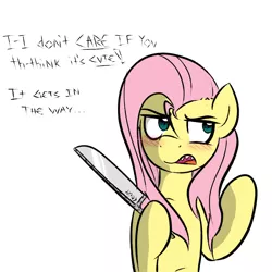 Size: 1000x1000 | Tagged: accessory swap, alternate color palette, artist:wuzzlefluff, blushing, derpibooru import, dialogue, fluttershy, implied tracy cage, knife, messy mane, oc, oc:tracy cage, safe, simple background, solo, tsundere, white background