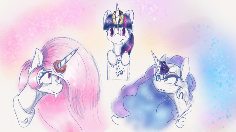 Size: 2000x1125 | Tagged: safe, artist:memorynumber, derpibooru import, nightmare moon, princess celestia, princess luna, twilight sparkle, pony, book, donut, drool, food, horn grab, nightmare mlem, pancakes, silly, silly pony, tongue out