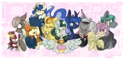 Size: 3231x1531 | Tagged: artist:stargee, birthday, birthday cake, cake, derpibooru import, food, oc, oc:annabelle, oc:caroline, oc:cloudpuff, oc:eschar, oc:pierson, oc:reginald, oc:syril, oc:willow, princess luna, safe, spitfire