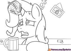 Size: 1400x1000 | Tagged: safe, artist:spritepony, derpibooru import, trixie, pony, unicorn, alcohol, beer, beer stein, drunk bubbles, female, hangover, mare, my little art challenge, picture, picture frame, sock, solo