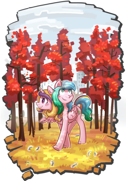 Size: 1024x1471 | Tagged: safe, artist:kyaokay, derpibooru import, oc, oc:double mind, oc:power plant, unofficial characters only, alicorn, autumn, chernobyl, conjoined, duo, image, png, red, red forest, smiling, tree, walking