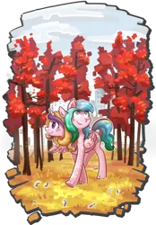 Size: 1024x1471 | Tagged: safe, artist:kyaokay, derpibooru import, oc, oc:double mind, oc:power plant, unofficial characters only, alicorn, autumn, chernobyl, conjoined, duo, image, png, red, red forest, smiling, tree, walking