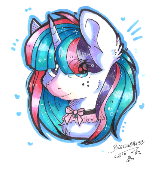 Size: 1108x1264 | Tagged: safe, artist:bizonekx33, derpibooru import, oc, oc:wintereclipse, unofficial characters only, pony, unicorn, bell, bell collar, blue eyes, chest fluff, collar, cute, ear fluff, female, fluffy, freckles, heterochromia, neck bow, portrait, solo, traditional art, violet eyes