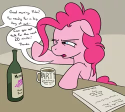 Size: 1367x1227 | Tagged: animated actors, artist:rapidstrike, behind the scenes, bottle, coffee, coffee mug, derpibooru import, dialogue, drunk, drunkie pie, grape juice, hangover, morning ponies, offscreen character, one eye closed, open mouth, pinkie pie, safe, script, solo, speech bubble