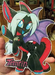 Size: 670x900 | Tagged: safe, artist:onnanoko, derpibooru import, oc, oc:temrin sanjem, unofficial characters only, bat pony, pony, bell, bell collar, collar, female, photo, ponytail, rearing, solo, traditional art