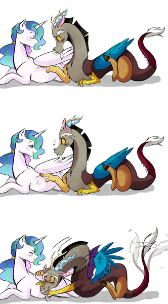 Size: 1280x2313 | Tagged: safe, artist:hikariviny, derpibooru import, discord, princess celestia, bedroom eyes, blushing, comic, cute, discute, dislestia, eyes closed, female, lip bite, looking back, male, open mouth, preglestia, pregnant, prone, shipping, smiling, straight, wide eyes