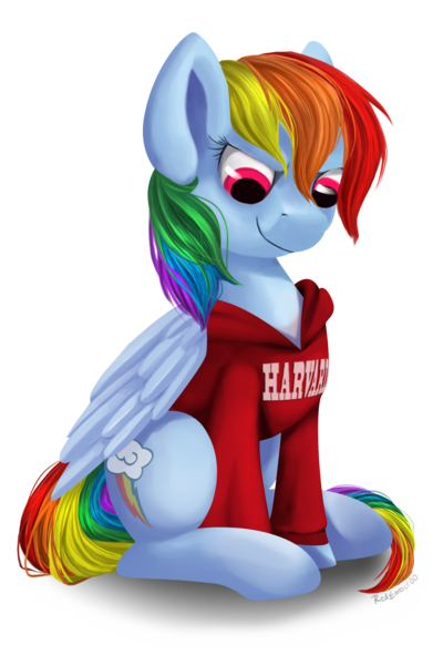 Size: 1600x2400 | Tagged: artist:redember00, backwards cutie mark, clothes, derpibooru import, harvard, rainbow dash, safe, solo, sweater