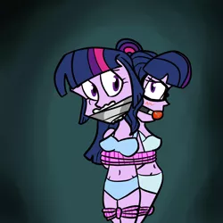 Size: 2952x2952 | Tagged: suggestive, artist:gagpal3, derpibooru import, sci-twi, twilight sparkle, equestria girls, ballgag, belly button, blue underwear, blushing, bondage, bound together, bra, breasts, clothes, duality, embarrassed, embarrassed underwear exposure, female, gag, panties, tape gag, tied up, twolight, underwear