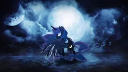 Size: 1920x1080 | Tagged: safe, artist:equestria-prevails, artist:minhbuinhat99, derpibooru import, princess luna, alicorn, pony, dark, fog, full moon, glowing eyes, lightning, moon, mountain, vector, wallpaper