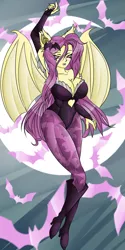 Size: 750x1500 | Tagged: suggestive, artist:fourze-pony, derpibooru import, fluttershy, bat pony, human, armpits, big breasts, boots, breasts, busty fluttershy, cleavage, crossover, darkstalkers, eared humanization, female, flutterbat, flying, humanized, leotard, morrigan aensland, race swap, solo, solo female, winged humanization