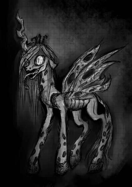 Size: 1280x1822 | Tagged: artist:remains, black and white, derpibooru import, graph paper, grayscale, mixed media, monochrome, queen chrysalis, semi-grimdark, solo, traditional art