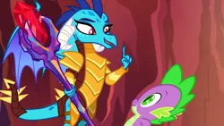 Size: 1280x720 | Tagged: safe, derpibooru import, screencap, princess ember, spike, dragon, gauntlet of fire, bloodstone scepter, dragon armor, dragon lord ember