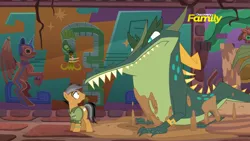 Size: 1280x720 | Tagged: safe, derpibooru import, screencap, cipactli, quibble pants, alicorn, pony, quetzalcoatl, serpent, stranger than fan fiction, aztec, discovery family logo