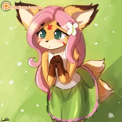 Size: 750x750 | Tagged: safe, artist:lumineko, derpibooru import, fluttershy, anthro, fox, hybrid, equestria girls, clothes, cute, flutterfox, furry, fusion, kitsune, lumineko is trying to murder us, patreon, patreon logo, shyabetes, signature, skirt, solo, species swap, tanktop, vixen