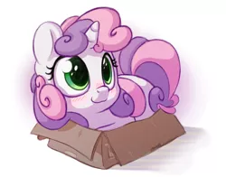 Size: 1400x1100 | Tagged: safe, artist:bobdude0, derpibooru import, sweetie belle, pony, unicorn, :3, behaving like a cat, blushing, box, cute, diasweetes, female, kitty belle, pony in a box, prone, simple background, smiling, solo, weapons-grade cute, white background