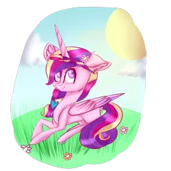 Size: 2000x2000 | Tagged: artist:cadenza146, braid, derpibooru import, ear fluff, flower, flower in hair, missing cutie mark, princess cadance, prone, safe, smiling, solo