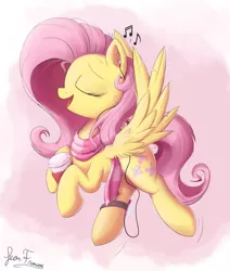 Size: 2200x2600 | Tagged: safe, artist:bugplayer, derpibooru import, fluttershy, pegasus, pony, beverage, clothes, cup, cute, eyes closed, female, flying, headphones, hoof hold, ipod, listening, mare, mp3 player, music, music notes, open mouth, scarf, shyabetes, signature, singing, smiling, solo