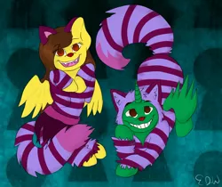 Size: 1200x1007 | Tagged: safe, artist:tallulahailana, derpibooru import, oc, oc:frost d. tart, oc:golden lily, alicorn, pegasus, pony, alice in wonderland, alicorn oc, brother and sister, cheshire cat, clothes, cosplay, costume, crossover, smiling