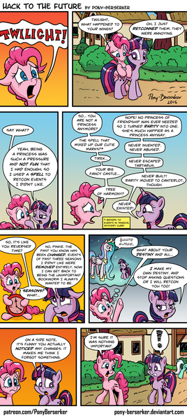 Size: 1170x2620 | Tagged: artist:pony-berserker, comic, derpibooru import, dialogue, equal cutie mark, exclamation point, fourth wall, lyra heartstrings, pinkie pie, princess celestia, retcon, safe, speech bubble, twilight sparkle, you dun goofed