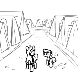 Size: 640x600 | Tagged: safe, artist:ficficponyfic, derpibooru import, oc, oc:ruby rouge, unofficial characters only, earth pony, pony, colt quest, belt, camp, child, cloak, clothes, dirt, female, filly, foal, hood, monochrome, road, robe, story included, tent, tents, trail, uniform