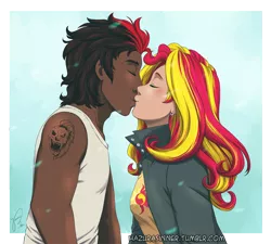 Size: 1016x915 | Tagged: safe, artist:hazurasinner, derpibooru import, sunset shimmer, oc, oc:blitz, oc:blitz ranger, human, blitzshimmer, canon x oc, dark skin, female, humanized, kissing, male, shipping, straight