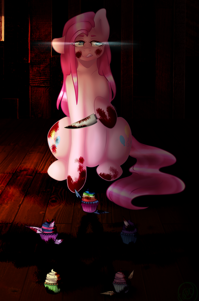 Size: 1656x2500 | Tagged: artist:alliedrawsart, artist:immagoddampony, blood, derpibooru import, fanfic:cupcakes, grimdark, knife, pinkamena diane pie, pinkie pie