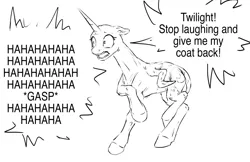 Size: 1280x828 | Tagged: safe, artist:silfoe, derpibooru import, princess luna, twilight sparkle, alicorn, pony, other royal book, bald, black and white, dialogue, embarrassed, female, furless, grayscale, hairless, laughing, mare, monochrome, offscreen character, raised hoof, shaved, simple background, speech bubble, white background