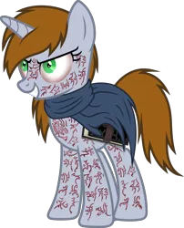 Size: 4853x6000 | Tagged: semi-grimdark, artist:magister39, derpibooru import, oc, oc:littlepip, unofficial characters only, pony, unicorn, fallout equestria, fanfic, absurd resolution, bad end, black book, body writing, book, evil, evil grin, fanfic art, female, grin, hooves, horn, insanity, mare, possessed, scar, simple background, smiling, solo, teeth, transparent background