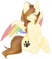 Size: 1024x1151 | Tagged: safe, artist:princesstiramichyuu, derpibooru import, oc, oc:fluffy colors, unofficial characters only, pegasus, pony, colored wings, digital art, eyes closed, female, freckles, multicolored wings, rainbow wings, sitting, smiling, solo