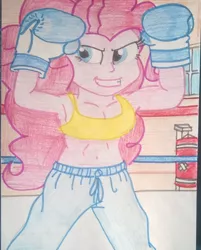 Size: 768x953 | Tagged: safe, artist:toyminator900, derpibooru import, pinkie pie, equestria girls, armpits, boxing gloves, boxing ring, punching bag, traditional art