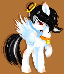 Size: 1024x1192 | Tagged: safe, artist:snow angel, derpibooru import, oc, oc:snow angel, unofficial characters only, pegasus, pony, bell, bell collar, blushing, collar, digital art, male, ponytail, red eyes, rule 63, solo, spread wings