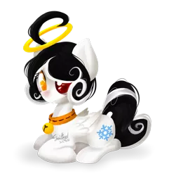 Size: 1024x1063 | Tagged: safe, artist:snow angel, derpibooru import, oc, oc:snow angel, unofficial characters only, pegasus, pony, bell, bell collar, blushing, collar, digital art, female, heterochromia, red eyes, sitting, solo, yellow eyes
