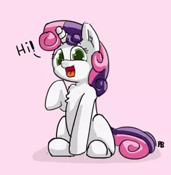 Size: 1280x1312 | Tagged: 30 minute art challenge, artist:pabbley, chest fluff, cute, derpibooru import, dialogue, diasweetes, hi, open mouth, safe, simple background, sitting, solo, sweetie belle