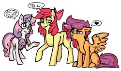 Size: 1200x700 | Tagged: apple bloom, artist:fastserve, cutie mark, cutie mark crusaders, derpibooru import, dialogue, older, raised hoof, safe, scootaloo, simple background, speech bubble, sweetie belle, teasing, the cmc's cutie marks, white background