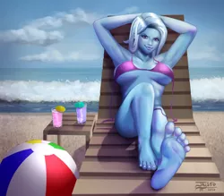 Size: 1000x875 | Tagged: armpits, artist:jay156, barefoot, beach, beach babe, beach ball, beverage, bikini, bikini babe, bikini top, breasts, busty trixie, cleavage, clothes, derpibooru import, feet, female, foot fetish, glass, human, humanized, lipstick, looking at you, ocean, pony coloring, sand, seductive look, seductive pose, signature, solo, solo female, stupid sexy trixie, suggestive, sunbathing, swimsuit, trixie, umbrella, untied bikini, wave, ych result