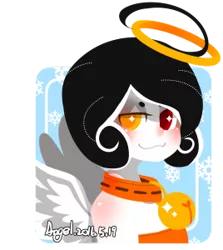 Size: 268x300 | Tagged: artist:snow angel, avatar, bell, bell collar, blushing, collar, derpibooru import, deviantart id, heterochromia, human, humanized, oc, oc:snow angel, red eyes, safe, solo, unofficial characters only, winged humanization, yellow eyes