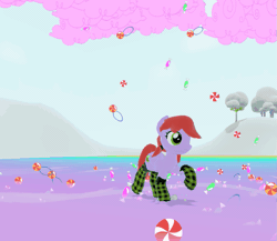 Size: 843x731 | Tagged: safe, derpibooru import, screencap, oc, oc:crab apple, unofficial characters only, pony, 3d, animated, candy, checkered socks, clothes, dancing, food, game, legends of equestria, socks, solo
