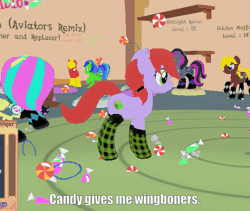 Size: 615x519 | Tagged: suggestive, derpibooru import, edit, edited screencap, screencap, oc, oc:crab apple, unofficial characters only, pegasus, pony, 3d, animated, candy, caption, clothes, food, game, image macro, legends of equestria, meme, prancing, socks, spinning, spread wings, wingboner