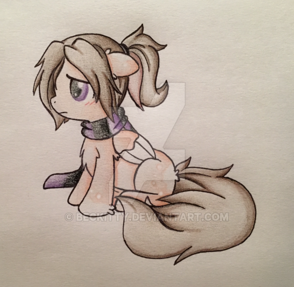 Size: 600x586 | Tagged: safe, artist:thenekozombie, derpibooru import, oc, oc:blank canvas, unofficial characters only, pegasus, pony, clothes, female, ponytail, scarf, sitting, solo, traditional art, violet eyes, watermark