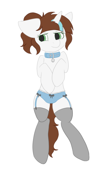 Size: 1500x2500 | Tagged: suggestive, artist:php85, derpibooru import, oc, oc:adostume, unofficial characters only, pony, unicorn, bell, bell collar, blue underwear, clothes, collar, digital art, female, frilly underwear, green eyes, lying, lying down, mare, on back, panties, ribbon, solo, solo female, stockings, underwear