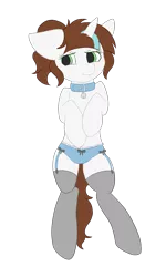 Size: 1500x2500 | Tagged: suggestive, artist:php85, derpibooru import, oc, oc:adostume, unofficial characters only, pony, unicorn, bell, bell collar, blue underwear, clothes, collar, digital art, female, frilly underwear, green eyes, lying, lying down, mare, on back, panties, ribbon, solo, solo female, stockings, underwear