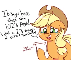 Size: 1167x979 | Tagged: safe, artist:notenoughapples, derpibooru import, applejack, earth pony, pony, crying, dialogue, dna test, female, hoof hold, mare, open mouth, paper, parody, simple background, smiling, solo, tears of joy, the boondocks, wat, white background