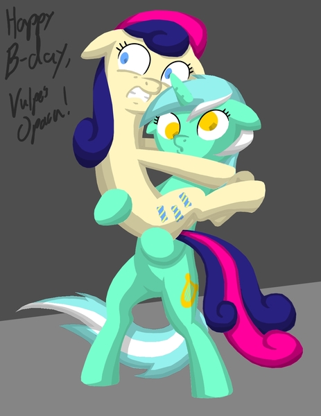 Size: 1078x1398 | Tagged: safe, artist:grandpalove, derpibooru import, bon bon, lyra heartstrings, sweetie drops, pony, bipedal, carrying, derp, no pupils