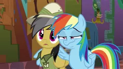 Size: 1920x1080 | Tagged: safe, derpibooru import, screencap, daring do, rainbow dash, pony, stranger than fan fiction, faic, hug, rainbow dash is best facemaker, reaction, smug, smugdash, winghug