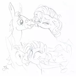 Size: 1404x1415 | Tagged: applejack, artist:jeffmartinez, color me, derpibooru import, female, kissing, male, mule, now kiss, rarity, safe, shipping, straight, surprised, surprise kiss