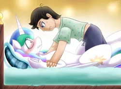 Size: 1289x946 | Tagged: suggestive, artist:vavacung, derpibooru import, princess celestia, human, pony, bed, blanket, blushing, clothes, cute, cutelestia, eye contact, frown, glare, gritted teeth, human on pony action, interspecies, looking at each other, male, missing accessory, on back, pants, pinned, shirt, stranger danger, underhoof, wide eyes