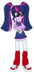 Size: 2400x5200 | Tagged: safe, artist:metaldudepl666, artist:razethebeast, derpibooru import, sci-twi, twilight sparkle, equestria girls, alternate costumes, alternate hairstyle, art trade, cheerleader, clothes, glasses, leg warmers, lollipop chainsaw, midriff, pigtails, pleated skirt, shoes, skirt, sneakers, socks, solo, twintails