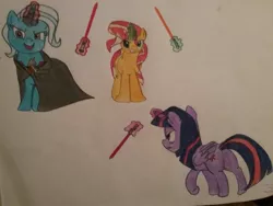 Size: 2592x1944 | Tagged: safe, artist:magicnova, derpibooru import, sunset shimmer, trixie, twilight sparkle, twilight sparkle (alicorn), alicorn, pony, alicorn amulet, cape, clothes, lightsaber, magic aura, signature, sith, star wars, this will end in tears and/or death, traditional art, twilight's counterparts, weapon